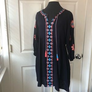 EUC Umgee Navy Embroidered Boho Dress with Tassels